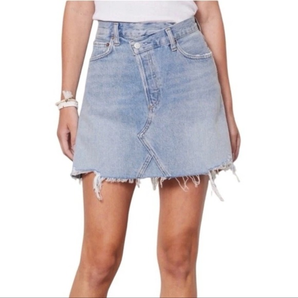 AGOLDE Criss Cross Organic Cotton Distressed Denim Mini Skirt Size 25 - Picture 1 of 9
